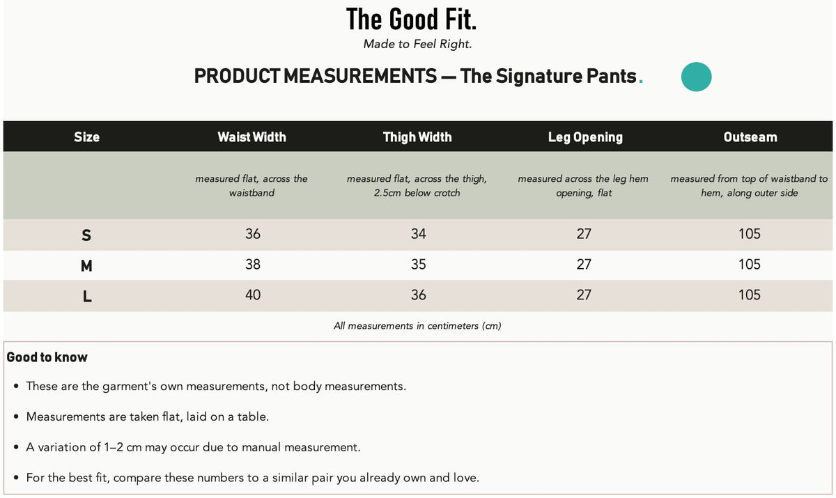 The Signature Set. size chart