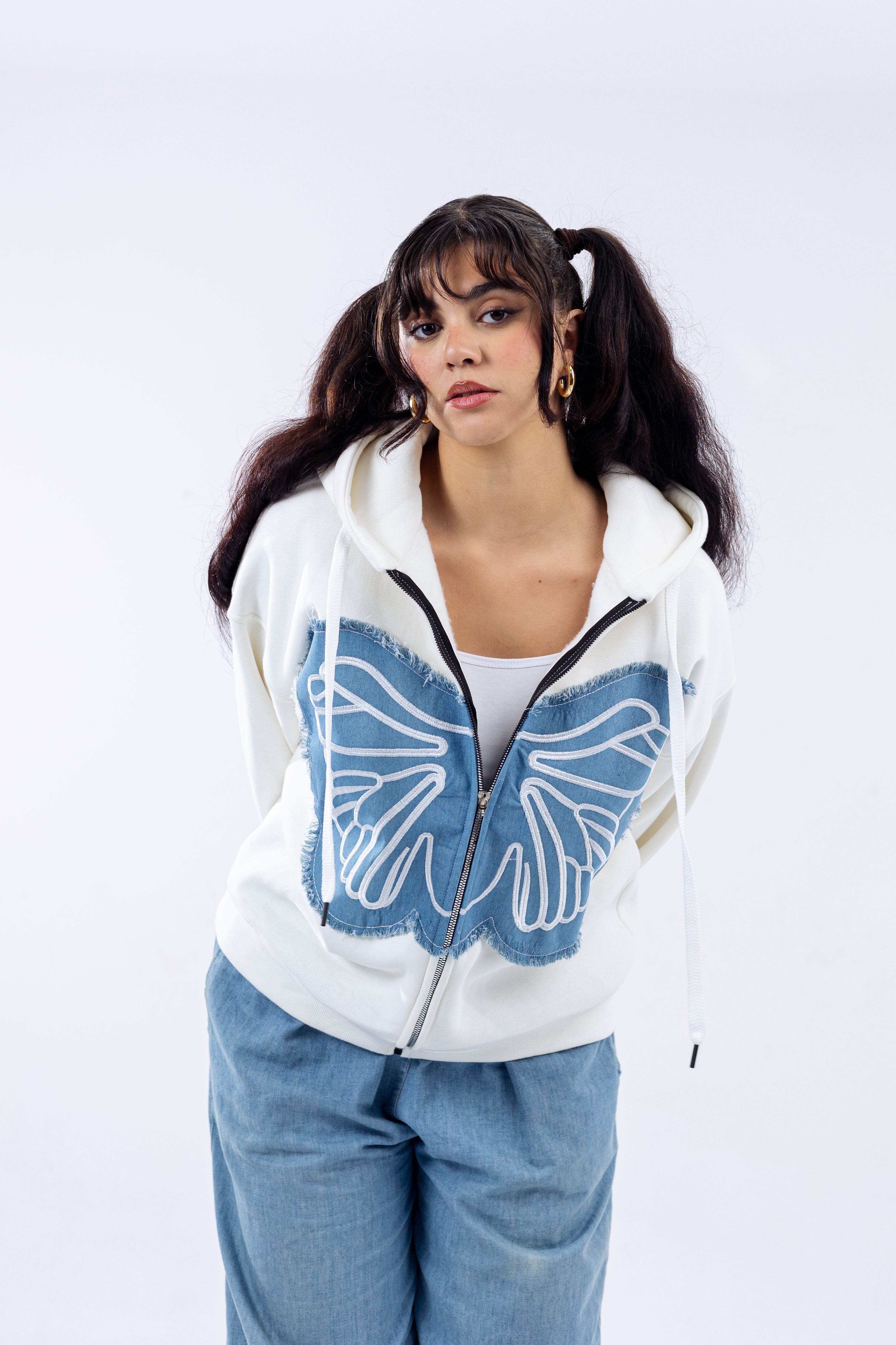 Winged Denim Zip Hoodie.