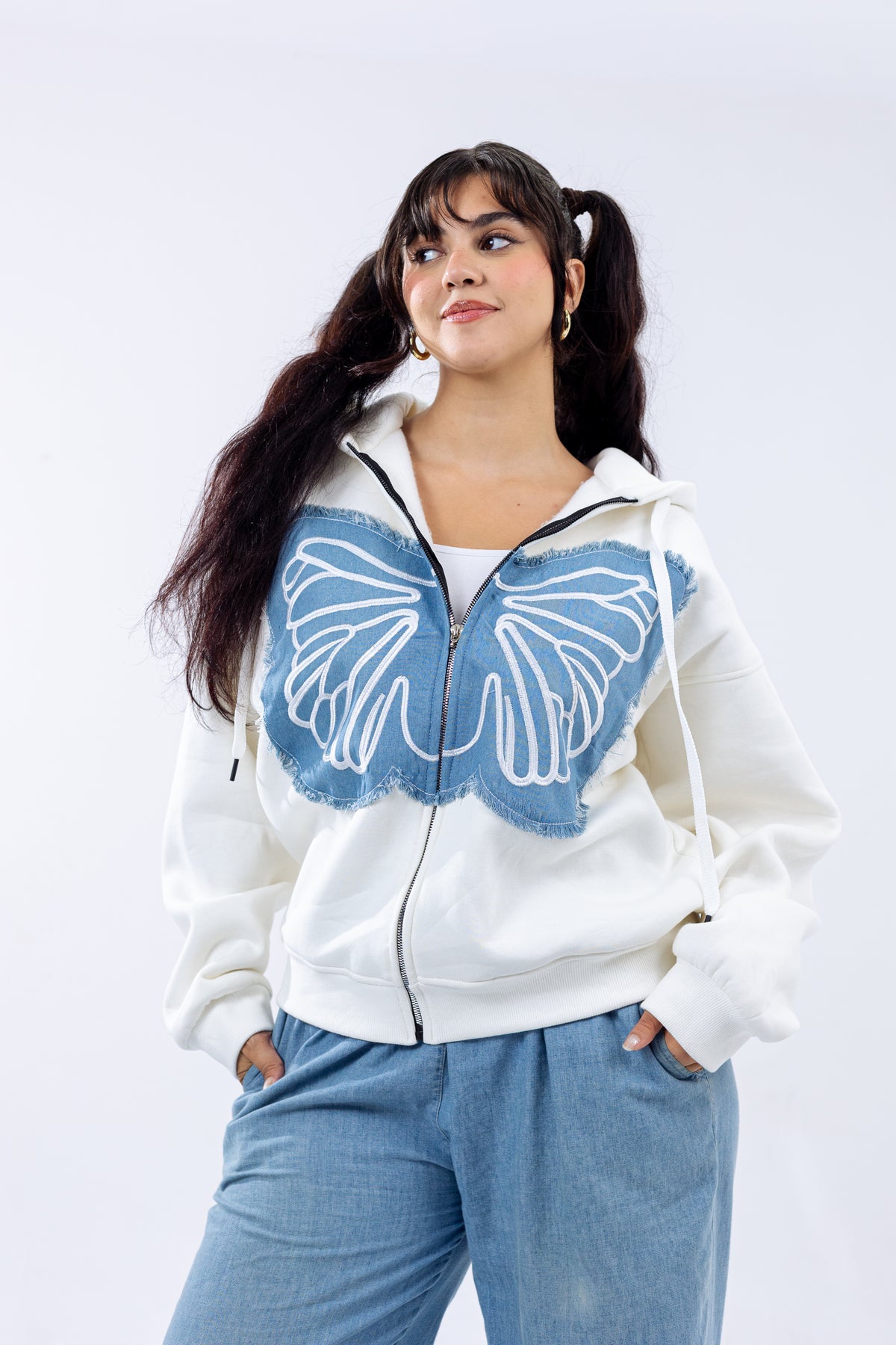 Winged Denim Zip Hoodie.