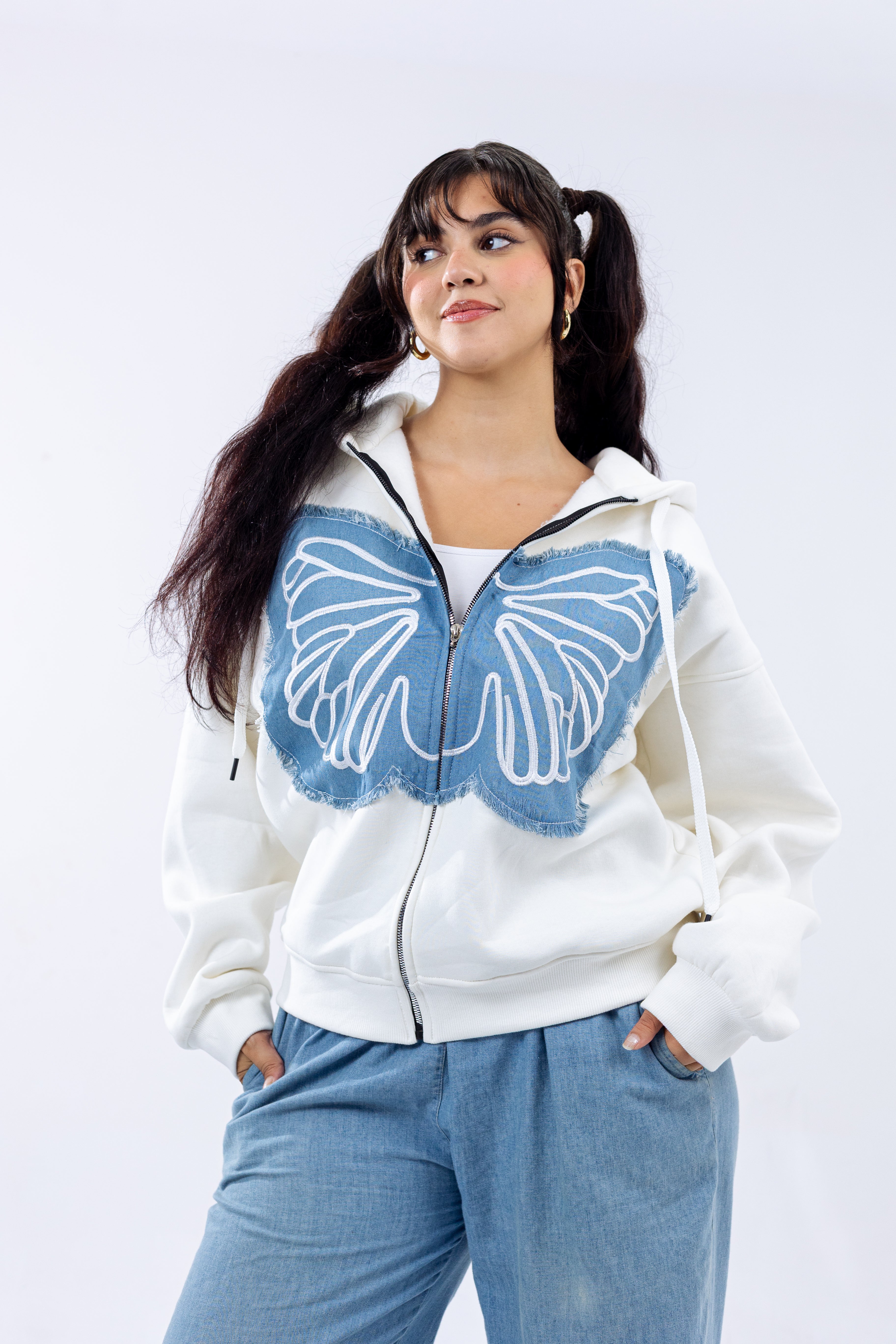 Winged Denim Zip Hoodie.