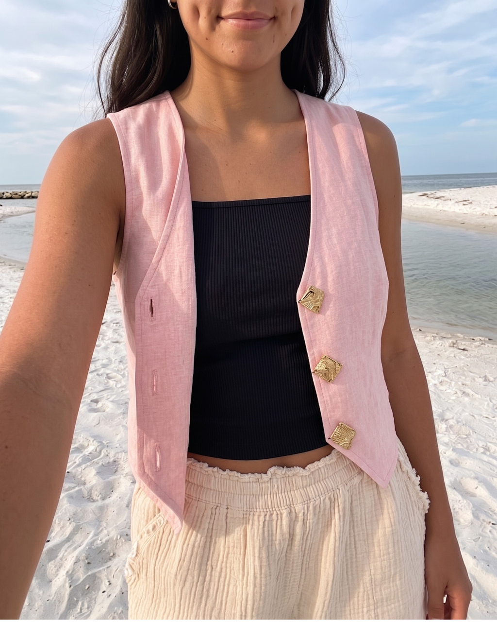 The Gold Button Linen Vest.