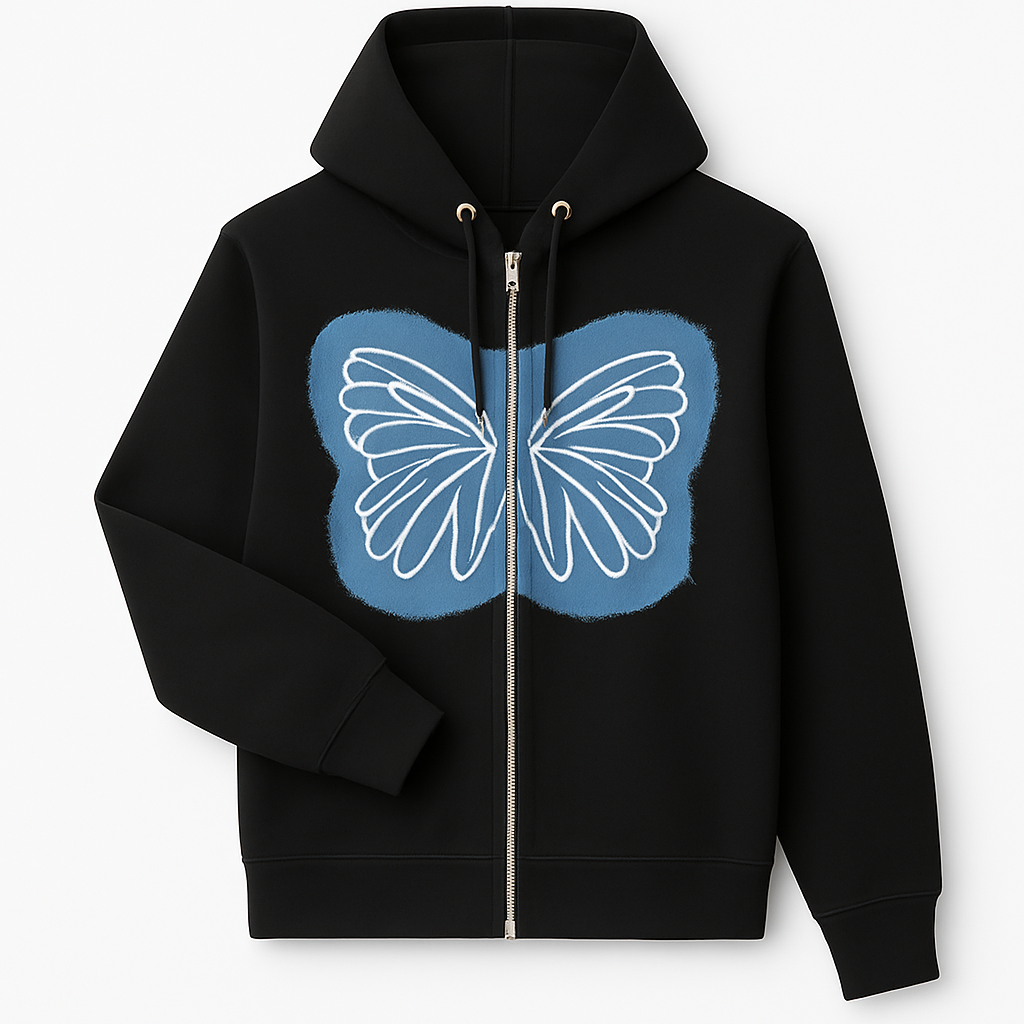 Winged Denim Zip Hoodie.
