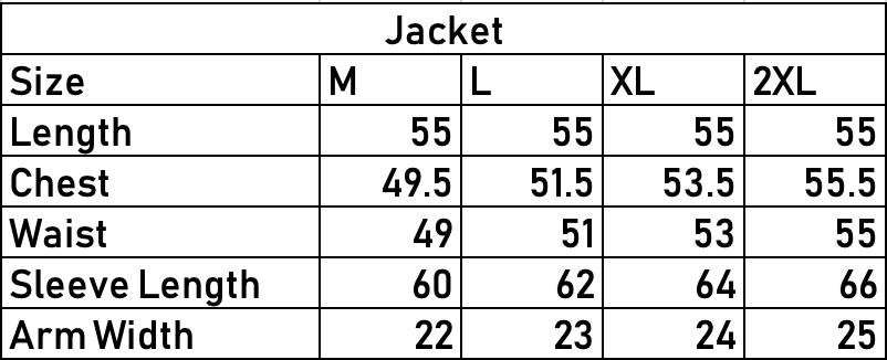 Edge Stitch Jacket. size chart