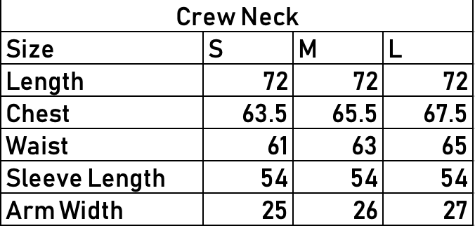 Crew Neck Sweatshirt. size chart