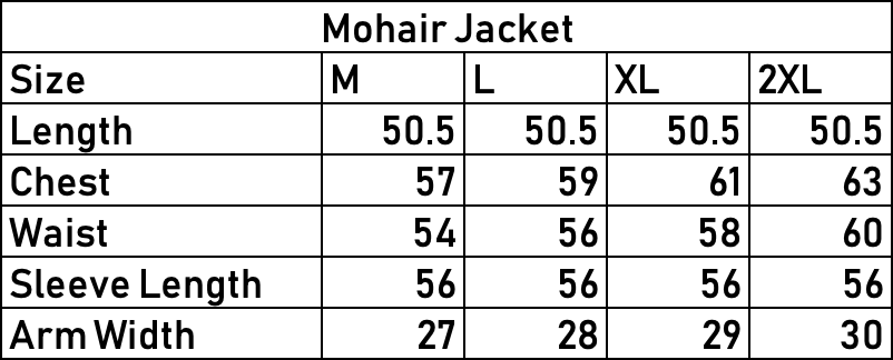 Mohair Jacket. size chart