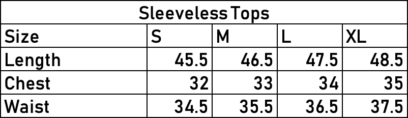Basic Tank Top. size chart