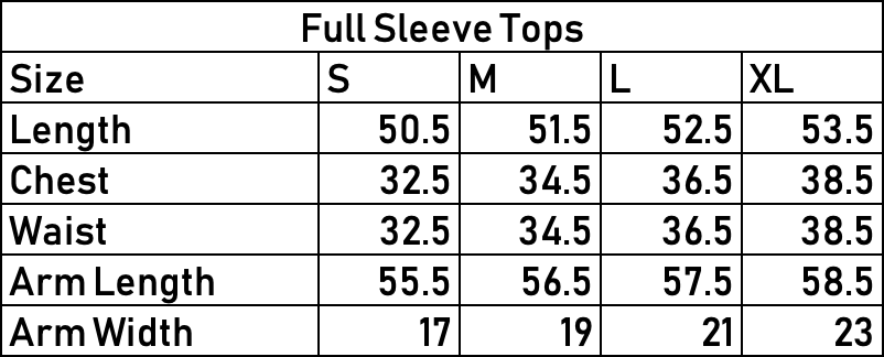 Long Sleeve Ribbed Top. size chart