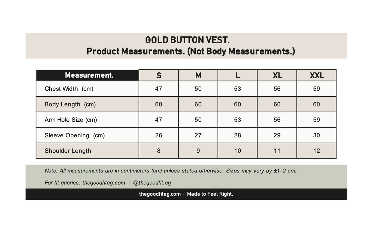 The Gold Button Linen Vest. size chart