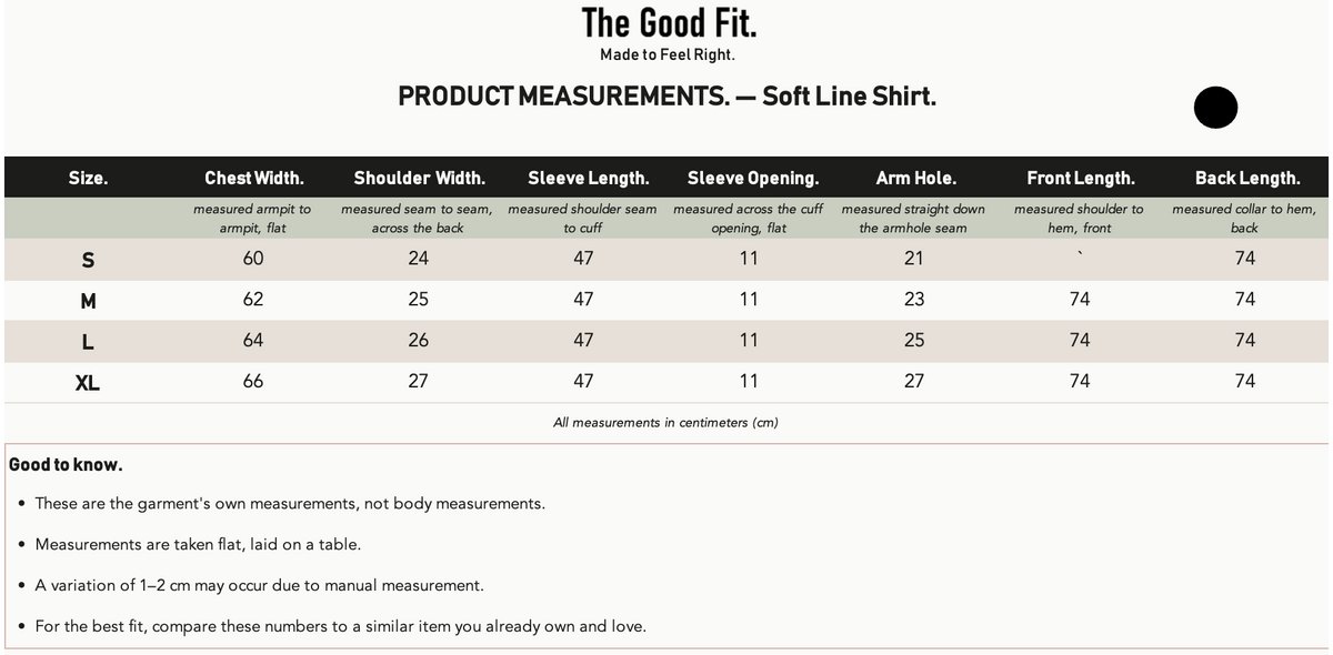 Soft Line Shirt. size chart