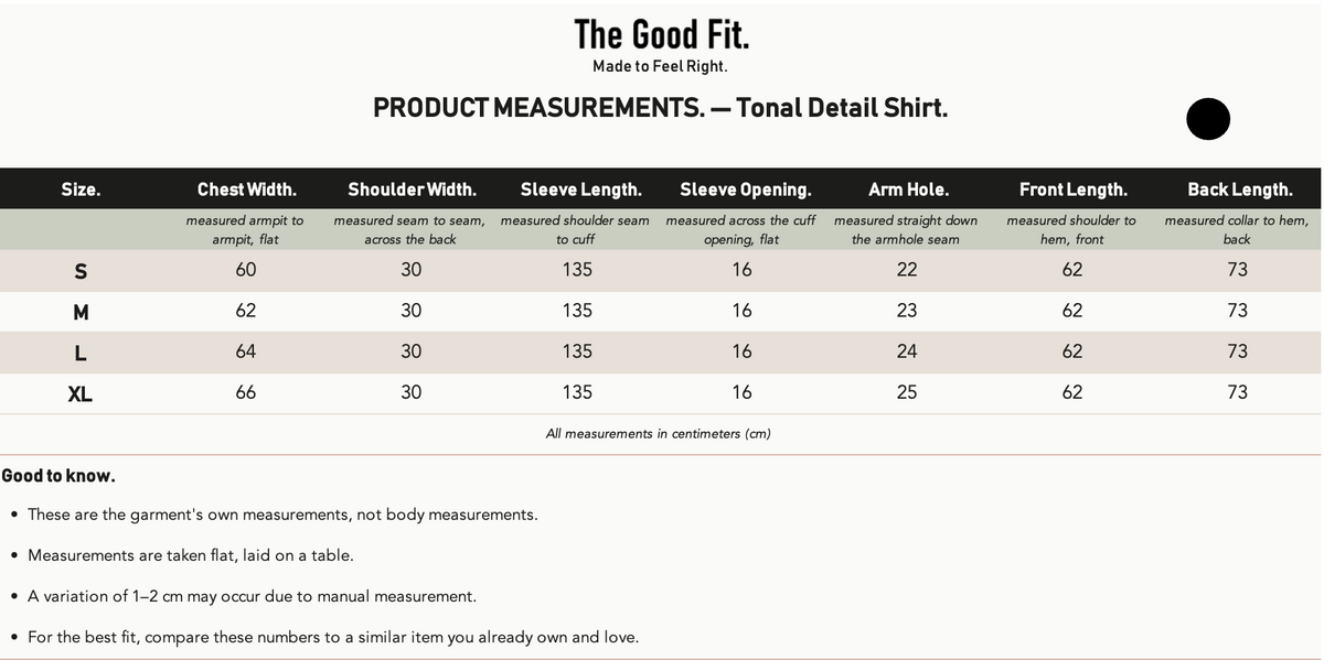 Tonal Detail Shirt. size chart