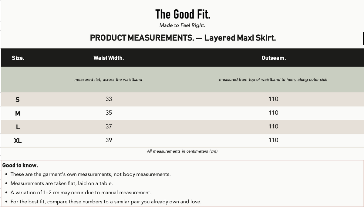 Layered Maxi Skirt. size chart