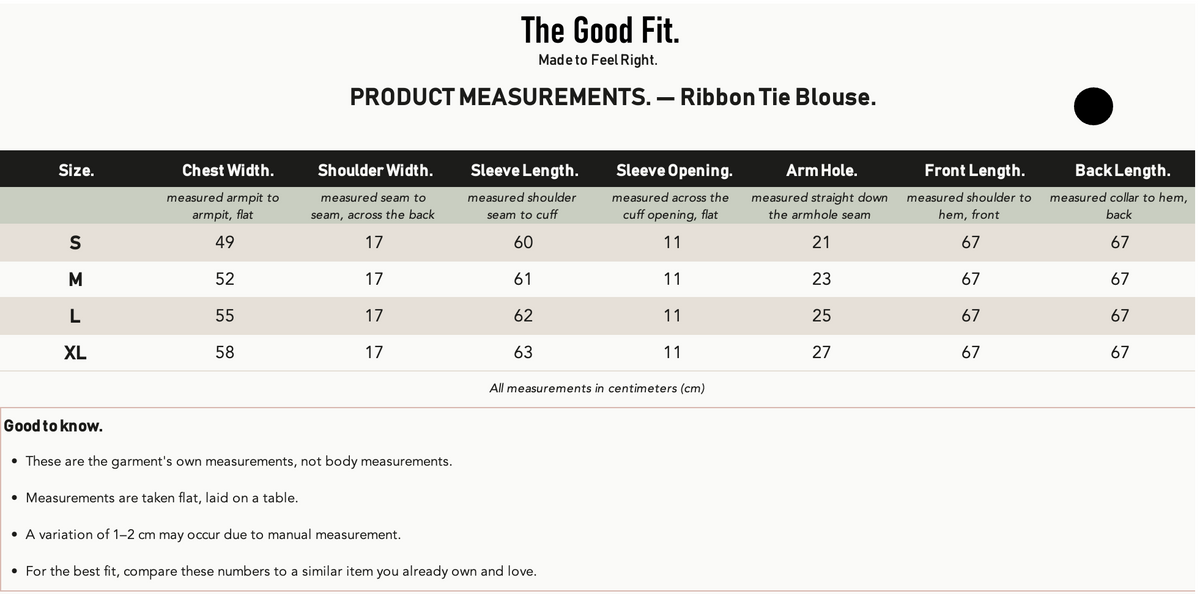 Ribbon Tie Blouse. size chart