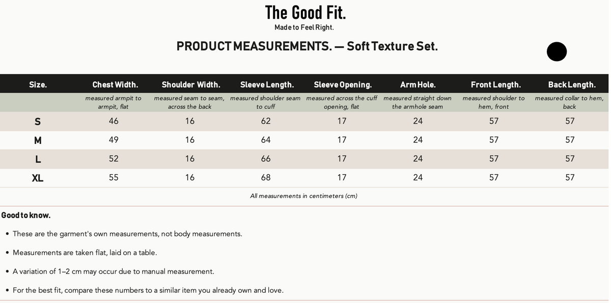 Soft Texture Set. size chart