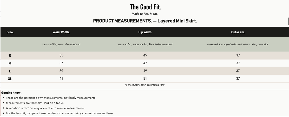 Layered Mini Skirt. size chart